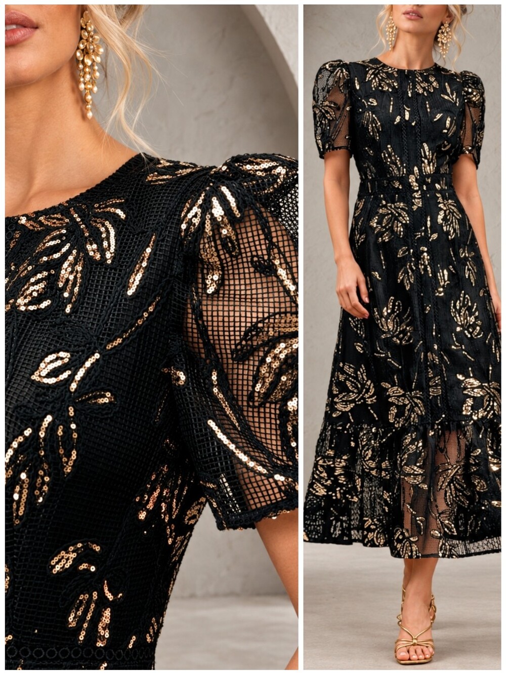 New Black Gold Mesh Sequin Long Dress Puff Sleeve